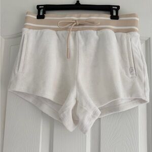 Women's White Terry Knit Lounge Shorts with Tan Waistband